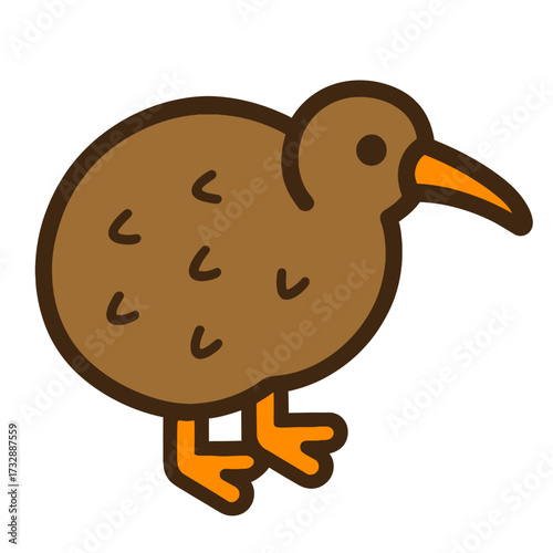 Cute brown kiwi bird cartoon from New Zealand, a flightless icon. This charming illustration highlights its distinctive long orange beak, plump body, vibrant orange legs. Perfect for educational, wild