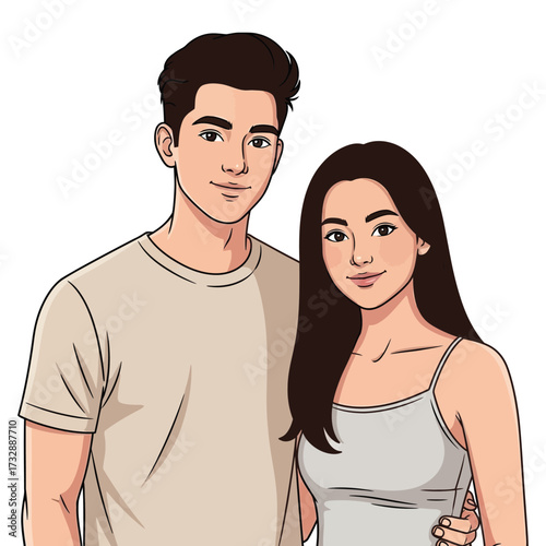 Attractive Young Multiethnic Couple Standing Side-by-Side. Digital Illustration with Casual Clothes and Transparent Background.