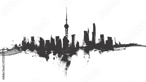 Shanghai skyline silhouette in dramatic black brush ink grunge painting