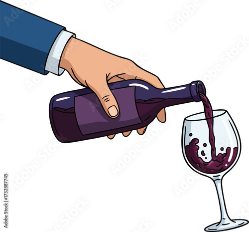 Hand pouring red wine from bottle into glass in simple vector illustration style