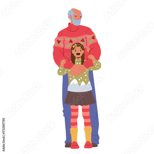 Grandfather and granddaughter wearing cute sweater with Christmas pattern hugging together