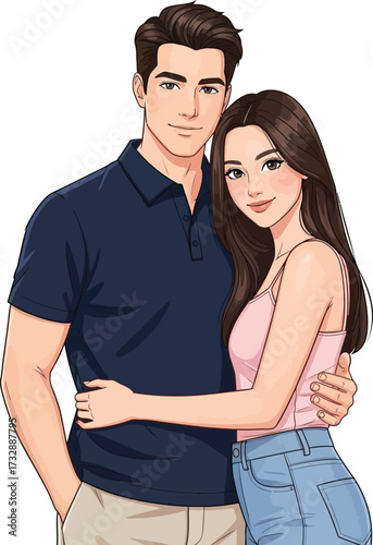 Young Diverse Couple Embracing in a Romantic Hug. Hand-Drawn Digital Illustration Isolated on Transparent Background.