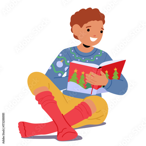 Cute schoolboy cartoon character reading Christmas story book isolated on white background