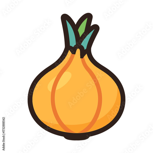 Modern flat design illustration of a stylized golden onion with fresh green sprouts. Perfect for culinary art, healthy eating campaigns, recipe blogs, food packaging, kitchen decor, and digital media