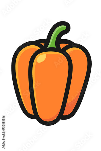Vibrant orange bell pepper vector illustration, green stem, black outline, isolated on dark grey. Ideal for healthy food designs, recipes, organic market branding, fresh produce promotions, culinary p