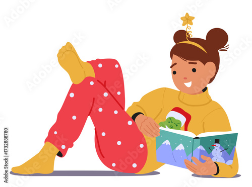 Cute pretty Christmas girl child cartoon character reading holidays fairy tale isolated on white
