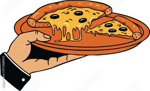 Hand holding pizza slice with melted cheese and olives on wooden plate vector illustration