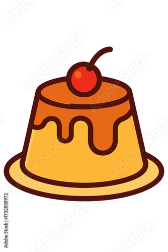 Whimsical cartoon flan illustration with a golden-yellow custard base, glossy caramel topping, and a vibrant red cherry, set against a dark gradient background. A sweet, charming digital dessert art p