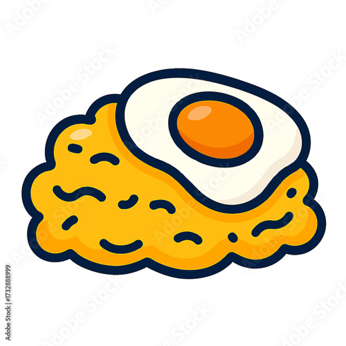 Vibrant cartoon illustration: perfectly cooked sunny-side up fried egg, bright orange yolk, white, on textured golden-yellow food base (fried rice/scrambled eggs). Modern vector art, bold dark outline