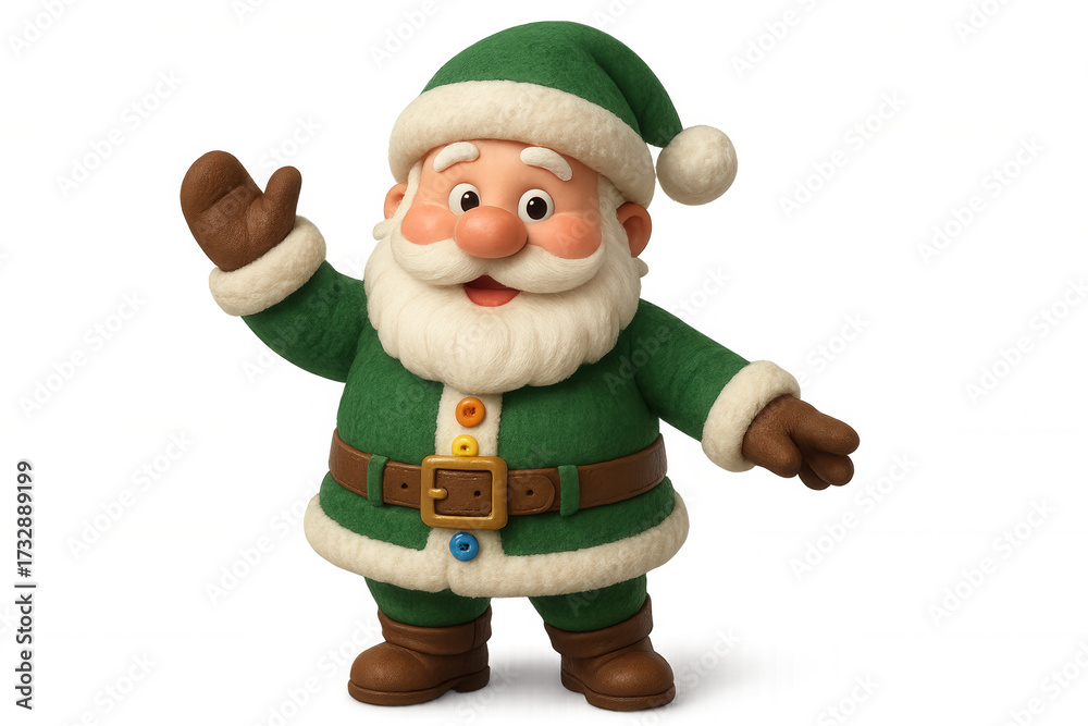 Obraz premium Friendly santa claus character in green suit waving, symbolizing christmas greeting and holiday cheer