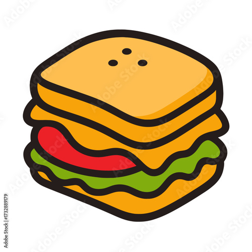 A vibrant, multi-layered cartoon sandwich icon with golden bread, melted cheese, fresh green lettuce, and juicy red tomato slices, perfectly illustrated for menus, apps, or delicious food-related desi