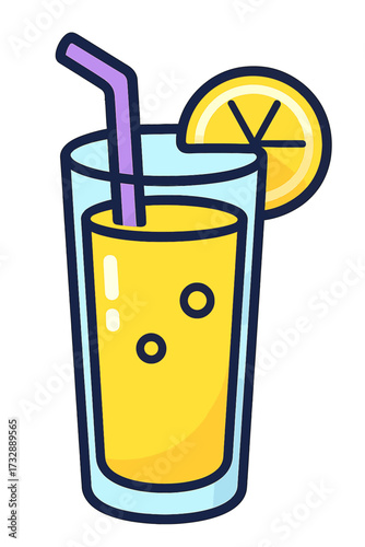 Refreshing vector cartoon lemonade in a glass with purple straw & lemon slice. Bright yellow citrus drink illustration, perfect for summer, healthy juice, mocktails, cocktails, or a cool beverage icon