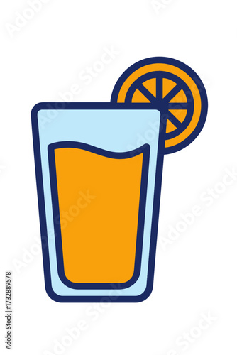 A vibrant glass of refreshing orange juice, adorned with a stylized orange slice garnish. This clean, modern flat design vector illustration beautifully captures the essence of healthy, natural fruit