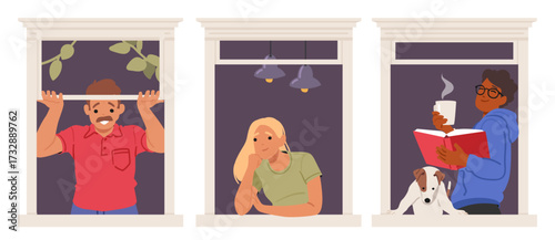 Mature man, pensive young woman and teenage boy with book looking out of window frame isolated set