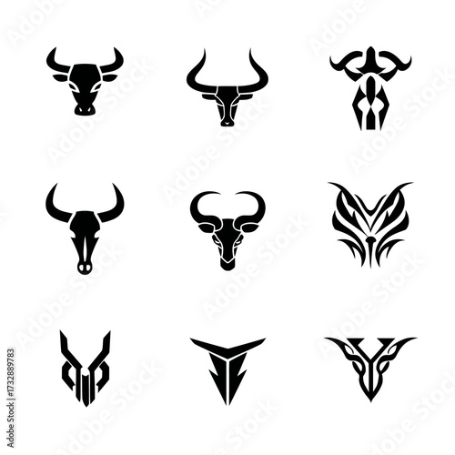Nine stylized monochrome bull head icons with varying horn designs