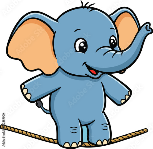 Blue elephant cartoon balancing on rope playful circus animal character vector illustration 