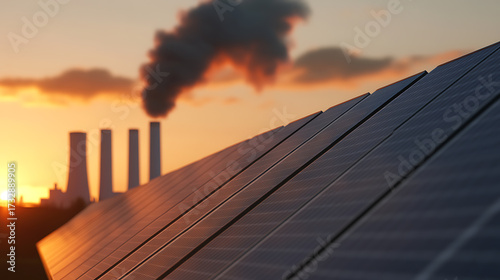 Renewable energy contrast: Solar panels in foreground with industrial smokestacks and sunset in background. Green power meets conventional.