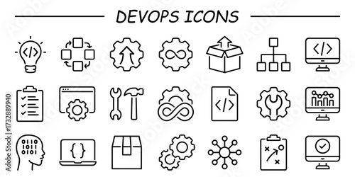DevOps icon collection set. Containing software, development, operations, practice, combine, system development life cycle icon. Simple flat vector