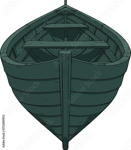 Wooden rowboat vector illustration viewed from front with detailed planks and frame structure design 