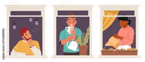 Young people cartoon character looking out opened home window frame isolated neighborhood set
