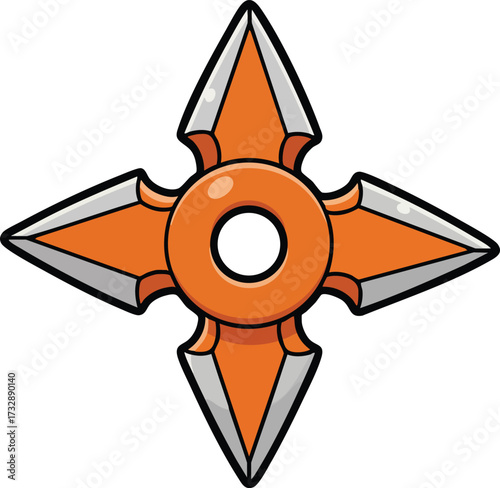 Four pointed ninja shuriken throwing star orange and silver sharp blades vector illustration 