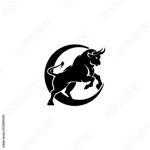 Prancing bull silhouetted against a curved crescent shape
