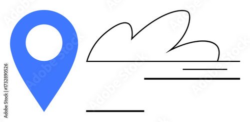 Blue location pin next to abstract cloud lines, indicating mapping, tracking, or travel. Ideal for navigation, tourism, weather, technology, logistics outdoor activities or location services