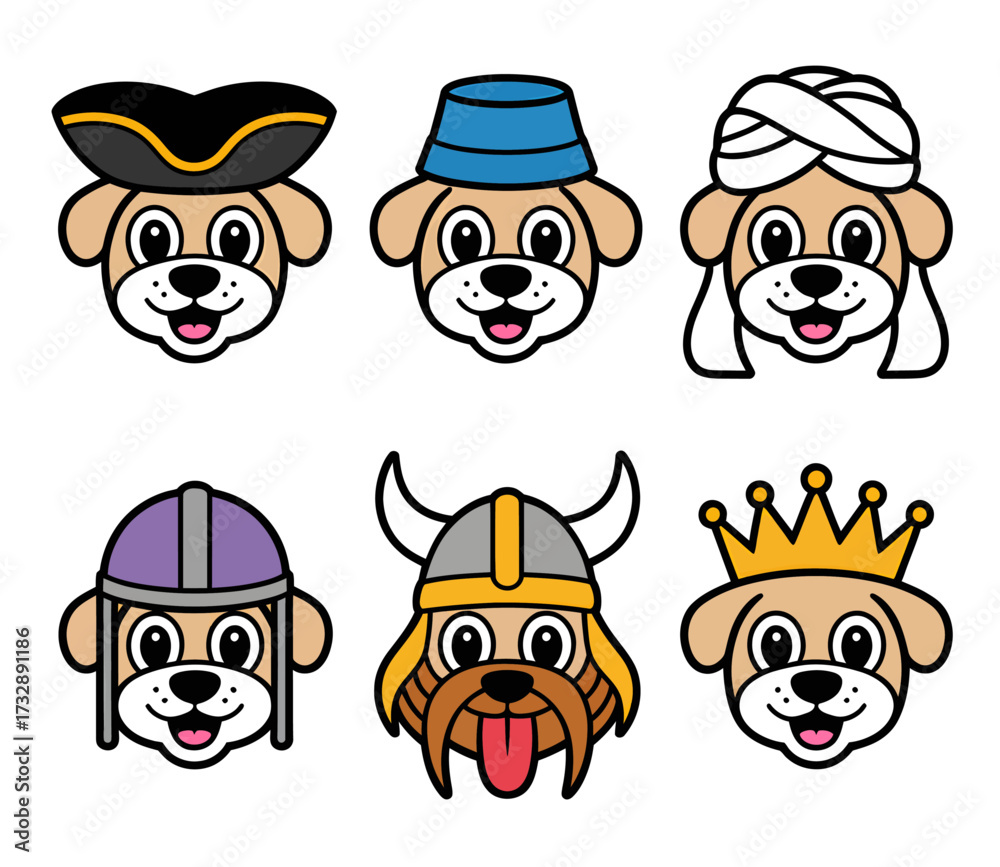Fototapeta premium Six cartoon dog faces wearing different hats, including a pirate, a bucket, and a crown.
