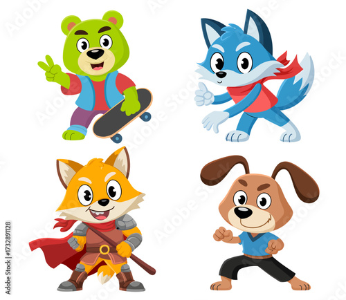 Four cartoon animals dressed in various outfits, including a bear on a skateboard, a fox in knight's armor, a blue fox with a scarf, and a dog in martial arts pose.