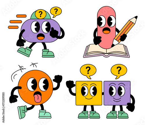A set of four retro cartoon characters in a vintage style, featuring geometric shapes with expressive faces and dynamic poses.