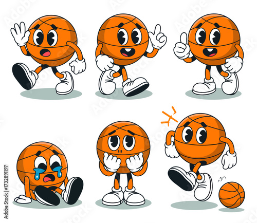 A collection of six cartoon basketball characters expressing various emotions and actions, rendered in a retro animation style.