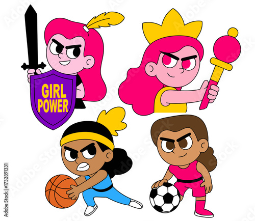 Four cartoon girls depicted as powerful figures, including a warrior, a queen, and athletes playing basketball and soccer.