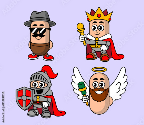 Four cartoon characters, including a detective, king, knight, and an angel, all with unique designs.