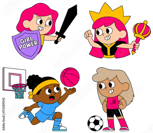 Four cartoon girls with pink hair, basketball, soccer ball, sword, shield and crown.