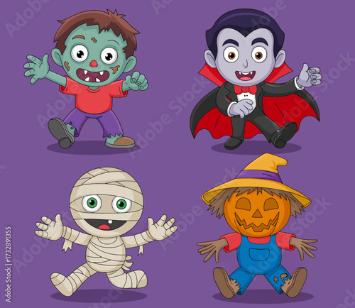 Cartoon illustrations of Halloween characters, including a zombie, vampire, mummy, and scarecrow.