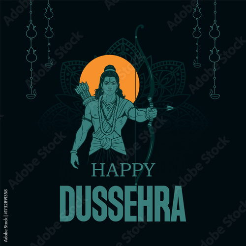 Striking illustration of Lord Rama holding his bow ready to shoot against a glowing orange sun and dark background. Concept for Happy Dussehra celebrations.