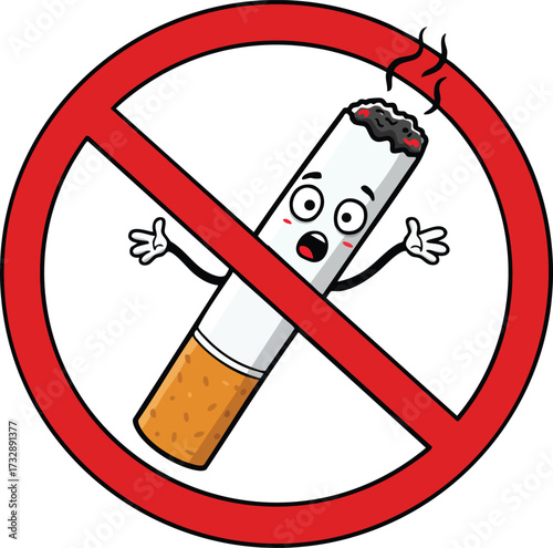 No Smoking Sign with Cartoon Cigarette Character and Prohibition Symbol Vector Illustration 