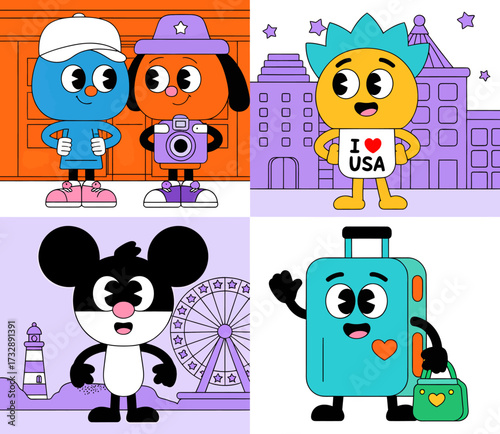 Four cartoon characters representing travel and tourism, each with unique designs and backgrounds.