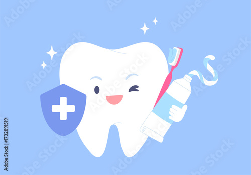 Cute tooth character with toothbrush, toothpaste and protective shield for dental health. Concept of hygiene, dentistry, oral health, brushing tooth for kids. Flat vector illustration.