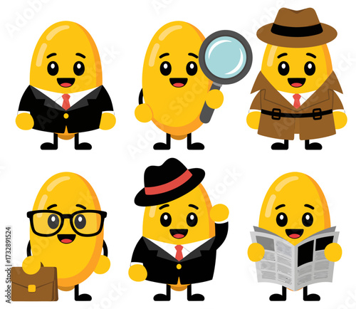A collection of six cartoon yellow bean characters dressed in various business and detective attire, each with a unique accessory.