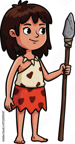 Cartoon prehistoric girl holding spear in tribal clothes for ancient human lifestyle illustration vector 