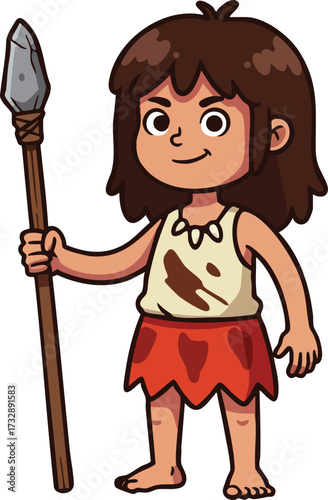 Prehistoric Caveman Child Holding Spear Illustration in Cartoon Style for Educational Use 