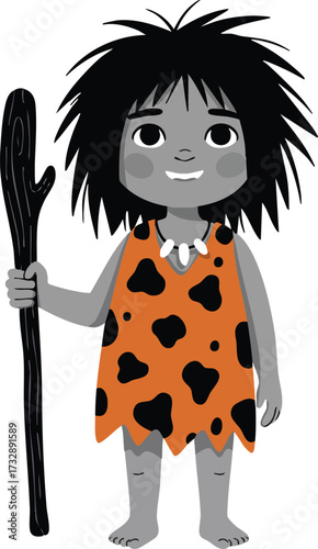 Caveman child holding wooden club in orange and black animal print tunic prehistoric character vector illustration 