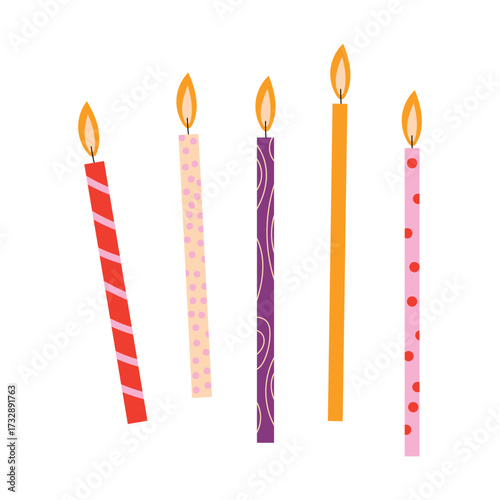 Birthday candles set with flames in different patterns. Flat vector illustration isolated on white background.