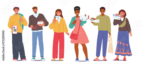 Diverse people cartoon characters showing personal documents, entry and ID cards isolated set