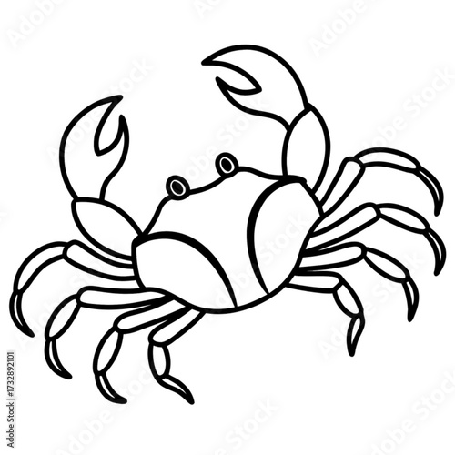 Minimalist illustration of a crab with claws and legs in black outline on a white background artfully designed vector