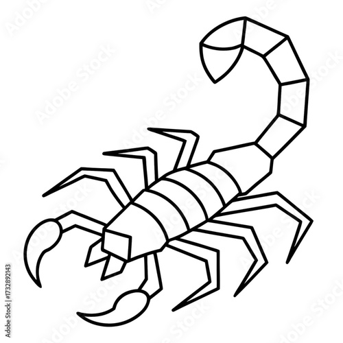 Minimalist illustration of a scorpion with segmented body and tail in a simple black outline design style art work vector