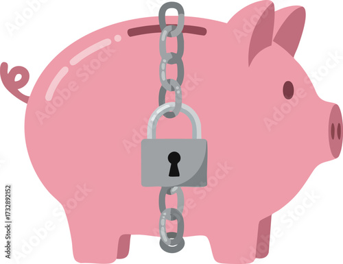 Piggy bank with metal lock and chain symbolizing secure savings and financial protection in pink color vector illustration 