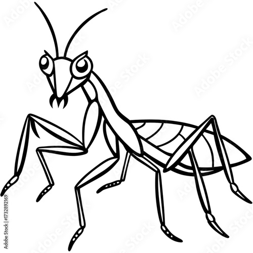 Minimalist illustration of a cartoon praying mantis with large eyes and prominent antennae in black and white style vector