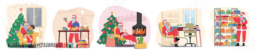 Santa Claus giving gifts, reading paper letters and digital mails, packing presents cartoon scenes